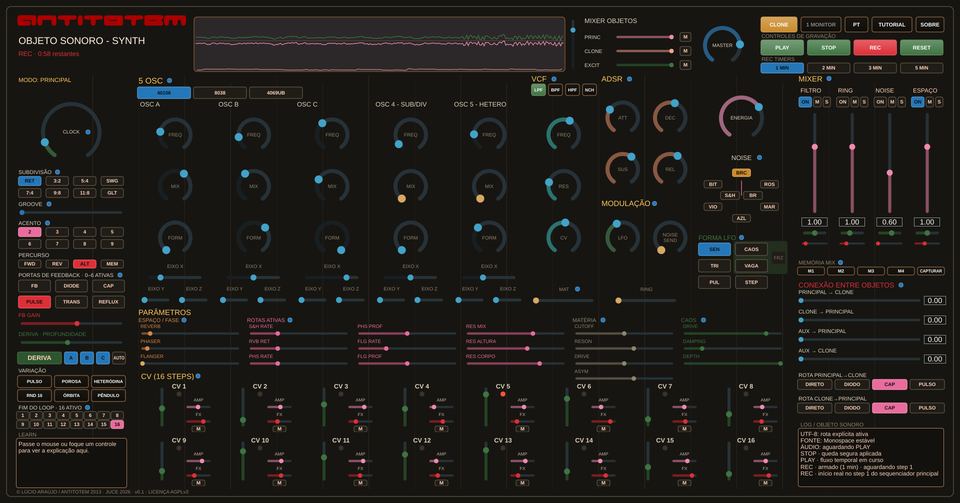 Captura de tela do Antitotem — Objeto Sonoro em modo PRINCIPAL, mostrando osciladores, VCF/ADSR, modulação e mixer.